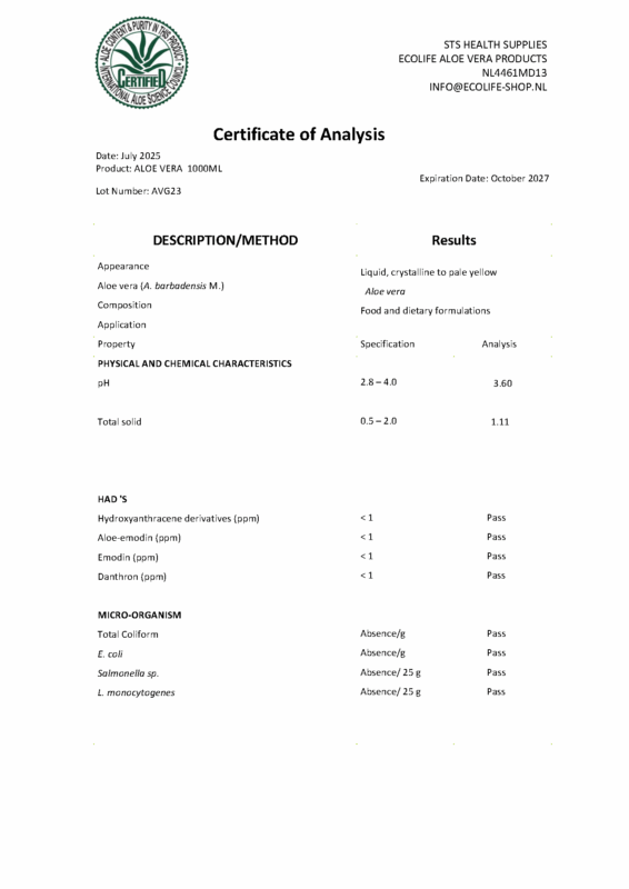 full analyse Ecolife aloe vera gel 1L