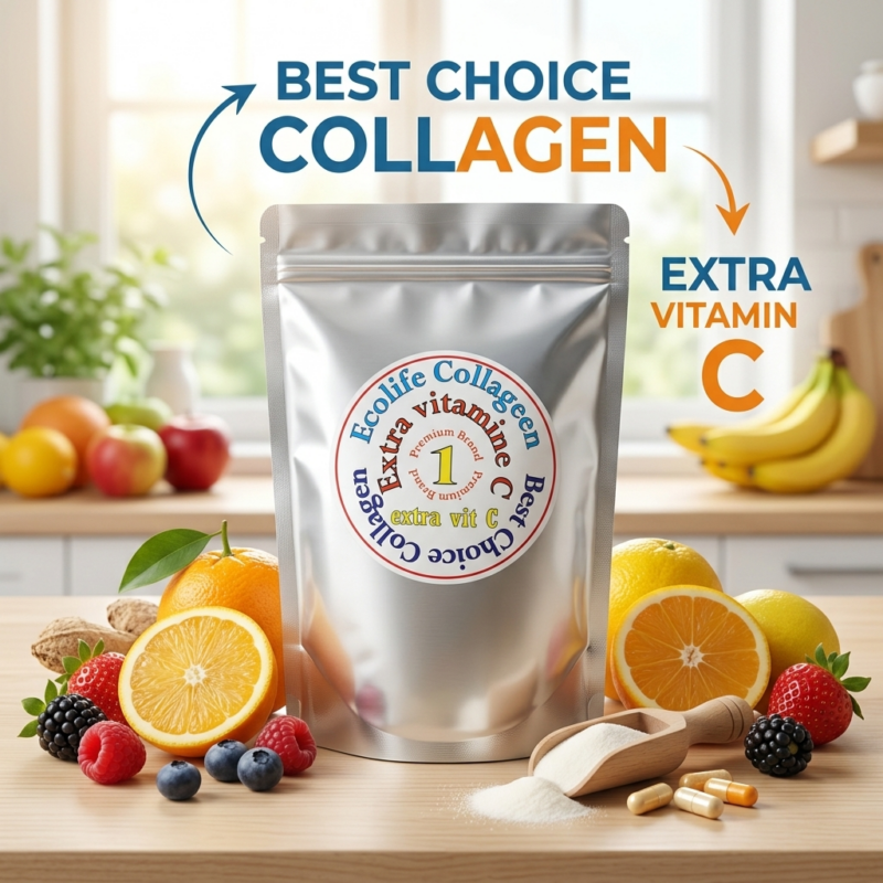 collageen puur en collageen met extra vitamine C. Ecolife Premium Peptan collageen poeders